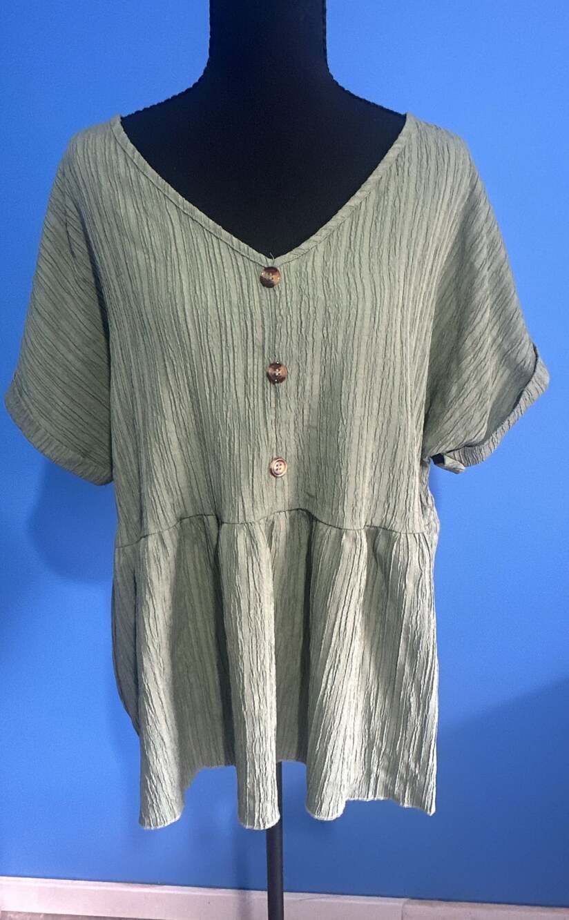 SHEIN Sage Green V-Neck Short Sleeve Button-Down Crinkle Peplum Blouse Top XL